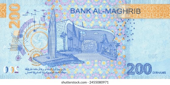 Vector reverse high polygonal pixel mosaic banknote of Morocco. Denominations of bill 200 dirhams 2024. Game money of flyer. Part 2