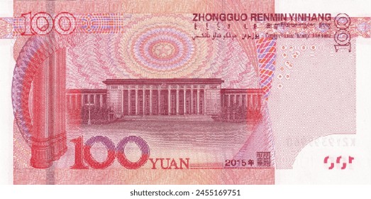 Vector reverse high polygonal pixel mosaic banknote of China. Denominations of bill 100 yuan. Game money of flyer. part 2