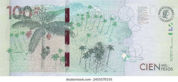 Vector reverse high polygonal pixel mosaic banknote of Colombia. Denominations of bill 100000 pesos. Game money of flyer. Part 2