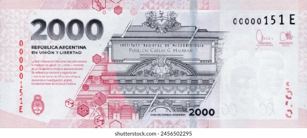 Vector reverse high polygonal pixel mosaic banknote of Argentina. Denominations of bill 2000 pesos. Game money of flyer. Part 2