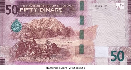 Vector reverse high polygonal pixel mosaic banknote of Jordan. Denominations of bill 50 dinars. Game money of flyer. Part 2