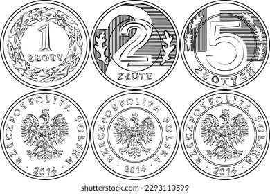 Monedas polacas de oro y plata vectoriales inversas y anómalas 1, 2 y 5 zloty. Negro y blanco
