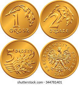 vector reverse and obverse Polish Money one, two and five Groszy copper coins with Value and leaves