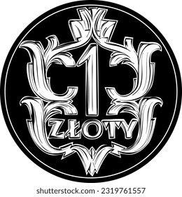 vector reverse Polish Money one zloty silver coin 1929, Black and white