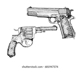 Vector revolvers. Hand drawn illustration. Sketch.
