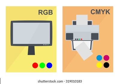 Vector RGB and CMYK concept with lcd monitor and office printer in flat style
