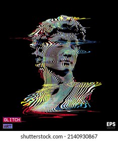 Vector RGB color mode offset and distorted wavy line halftone illustration of male classical head sculpture from 3d rendering isolated on black background.