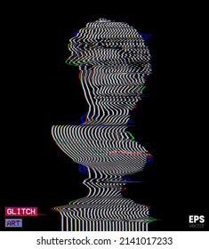 Vector RGB color mode offset and distorted wavy line halftone illustration of male classical head sculpture from 3d rendering isolated on black background.