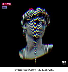 Vector RGB color mode offset and distorted wavy line halftone illustration of male classical head sculpture from 3d rendering isolated on black background.