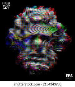 Vector RGB color offset glitched dot halftone mode illustration of classical head sculpture of bearded old man from 3d rendering isolated on black background. 