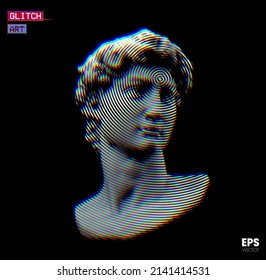 Vector RGB offset color mode circle halftone male classical style head sculpture from 3d rendering isolated on black background. 