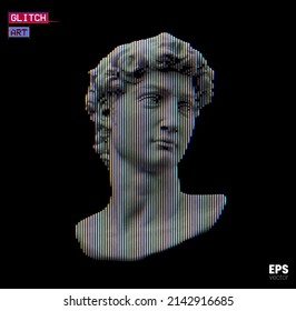Vector RGB offset color mode vertical line halftone illustration of male classical head sculpture from 3d rendering isolated on black background.