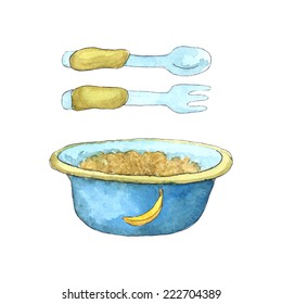 Vector RGB watercolor hand drawn baby crockery set: bowl with banana sticker, fork, spoon