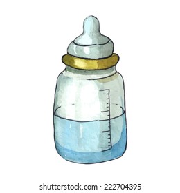 Vector RGB Watercolor Hand Drawn Baby Bottle, Isolated