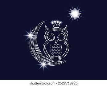 Vector Rhinestone design. Royal Owl with Crescent Moon and Starburst in Starry Night. Good for posters, fabric prints, web page backgrounds, birthday card invitations, t-shirt design.