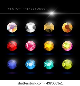 Vector Rhinestone Gem Mock Up. Jewelry Crystal Stone Diamond Shining Illustration. Close Up. Rhinestone Isolated. Gradient Soft Light. Glass Gem Mock Illustration. Jewelry Advertising, Pattern Element