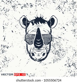 Vector rhino head, hipster face  on grunge background