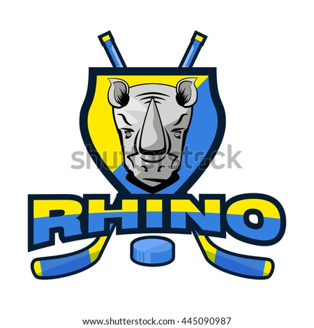 vector rhino ice hockey team logo with a stick and puck