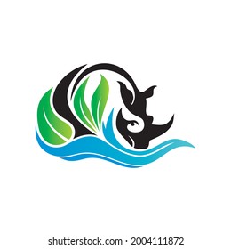 vector rhino in leaves and flowing river
