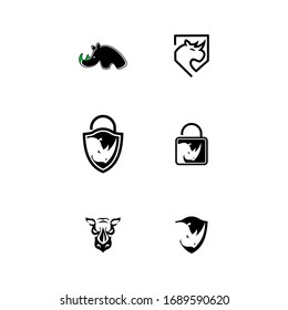 Vector rhino. Monochrome logo. Set of illustration, silhouette of a rhino standing, walking on isolated white background. Rhinoceros side view profile.
