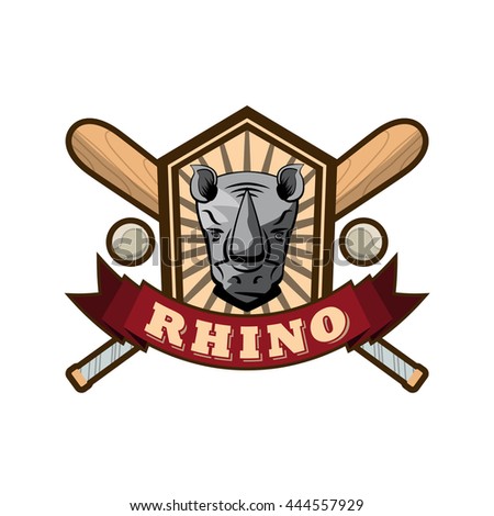 vector rhino shield logo with a baseball balls, baseball-bat, ribbon and text; sport team badge