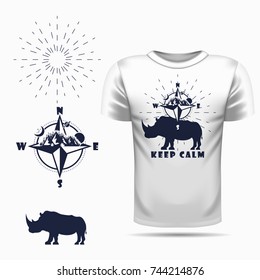 Vector rhino silhouette view side for retro logos, emblems, badges, labels template vintage design element. Isolated on t-shirt blank