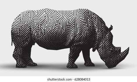 Vector rhinoceros illustration black and white illustration. Polygonal  line- art.