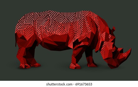 Vector rhinoceros illustration. Low poly and woodcut style design. Stylized geometric animal.