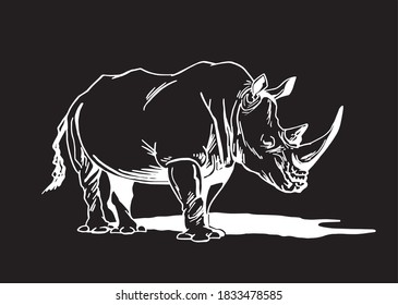 Vector rhinoceros isolated on black background , graphical illustration