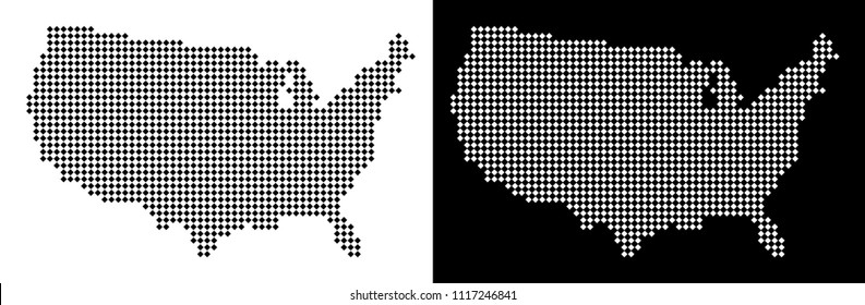 Vector rhombic dot USA map. Abstract geographic maps in black and white colors on white and black backgrounds. USA map created of rhombus element array.