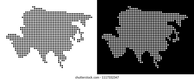 Vector rhombic pixel Asia map. Abstract geographic maps in black and white colors on white and black backgrounds. Asia map combined of rhombic element mosaic.