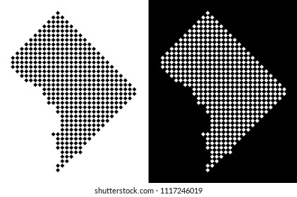 Vector rhombic pixel Washington DC map. Abstract geographical maps in black and white colors on white and black backgrounds. Washington DC map constructed of rhombus element grid.
