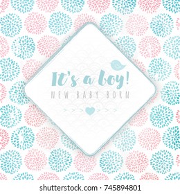 Vector rhombus frame on background, made of circle flowers. Pink and blue colors. New baby born. It's a boy!