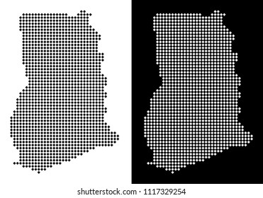 Vector rhombus pixel Ghana map. Abstract territorial maps in black and white colors on white and black backgrounds. Ghana map created of rhombic pixel pattern.