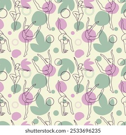Vector rhythmic girl gymnasts line art seamless pattern on abstract green and pink shape background.