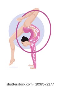 Vector rhythmic gymnast with a hoop in a pose. Flat vector illustration in soft pastel colors