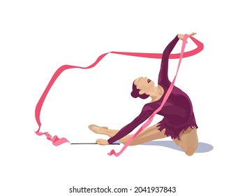 Vector rhythmic gymnast with a ribbon in a pose. Flat vector illustration in pink purple colors