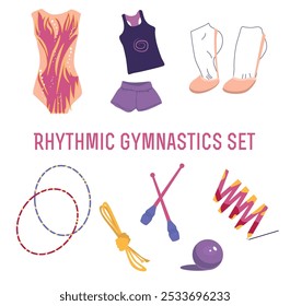 Vector rhythmic gymnastics set of objects: beautiful colorful leotard, shorts and shirt, half shoes, ball. hoops, rope, ribbon and clubs