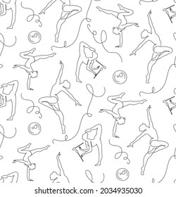 Vector rhythmic gymnasts black and white line drawing seamless pattern. 