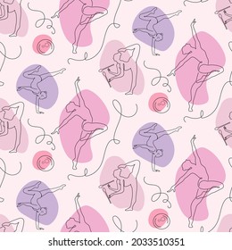 Vector rhythmic gymnasts line drawing seamless pattern on abstract shape background. Modern sport art.