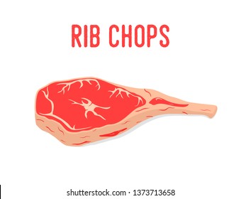 Vector rib chops meat, prime beef. Red pork with bone, uncooked loin. Farm product for bbq, restaurant in cartoon flat style.