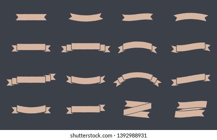 Vector ribbon banners isolated on dark background. Vintage ribbon banners. Set of 16 gold tapes.
