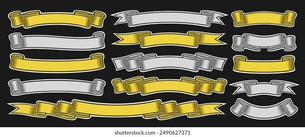 Vector Ribbon Banners Set, collection of isolated illustrations horizontal banners for promo, group of 14 various ribbons with copy space for promotion offer, design elements set on black background