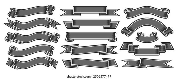 Vector Ribbon Banners Set, collection of cut out illustrations horizontal elegant ribbons for slogan, group of 15 diverse ribbons with copy space, decorative design elements set on white background