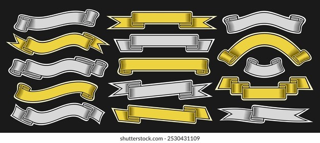 Vector Ribbon Banners Set, collection of isolated illustrations horizontal elegant ribbons for slogan, group of 15 various ribbons with copy space, gray and yellow design elements on black background