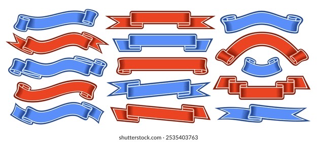 Vector Ribbon Banners Set, collection of isolated illustrations horizontal festive ribbons for slogan, group of 15 variety ribbons with copy space, red and blue design elements on white background