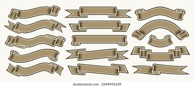 Conjunto de faixas de fita de vetor, coleção de ilustrações isoladas faixas de contorno horizontal para slogan, grupo de 15 várias fitas com espaço de cópia, elementos de design decorativos definidos no fundo branco