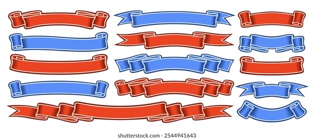Vector Ribbon Banners Set, collection of isolated illustrations horizontal festive banners for slogan, group of 14 variety ribbons with copy space, decorative design elements set on white background