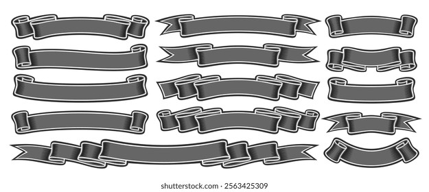 Vector Ribbon Banners Set, collection of isolated outline illustrations horizontal banners for ad slogan, group of 14 different gray ribbons with copy space for advertising offer on white background