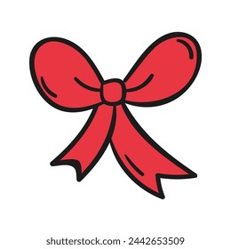 Vector ribbon bow with black outline doodle style.